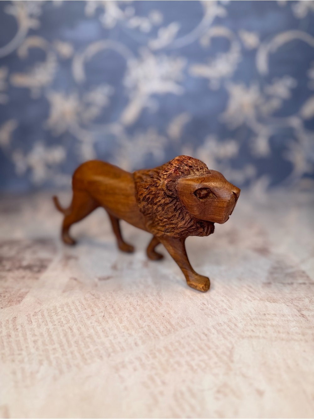Vintage Hand Carved Wood Lion Figurine Safari Animal Sculpture Statue